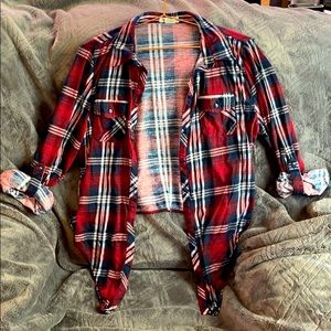 Flannel tie crop top. Red, white and blue.